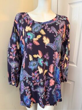 Johnny Was Navy Floral Scoop Neck Tunic with Multicolor Blooms